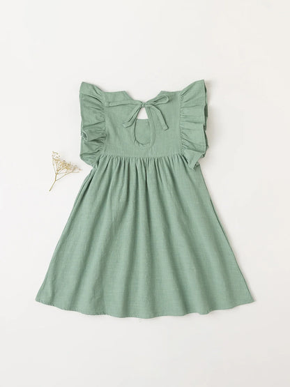 Teal blue cotton tie-back overall dress, cool and comfy summer wear for toddler girls