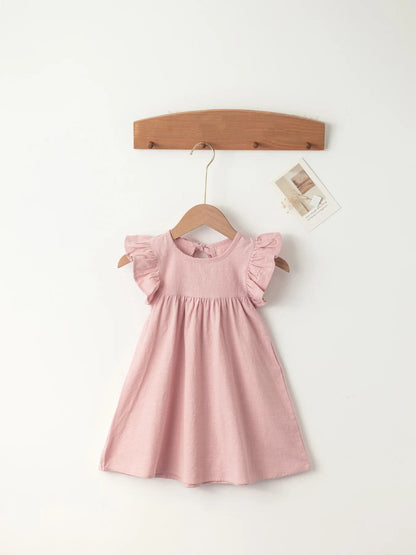 Yellow solid color cotton tie-back overall dress for toddler girls, ideal summer casual