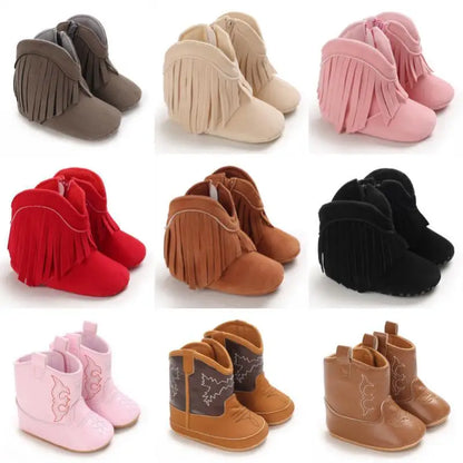 Toddler girl's pink fringe cowboy boots, perfect stylish western wear for kids.