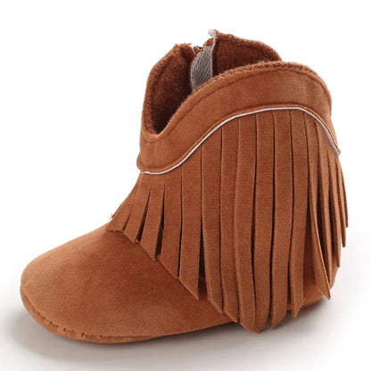Girls' black fringe cowboy boots with durable sole, ideal for active toddlers' footwear.