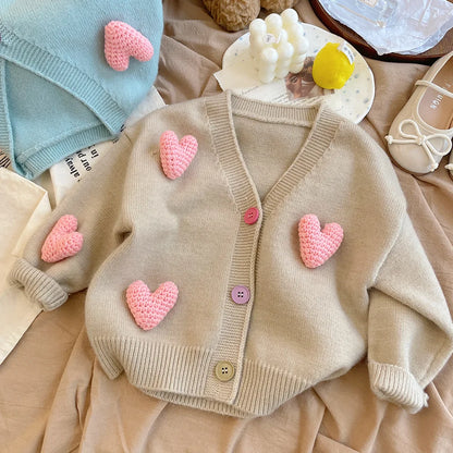 Heart-themed cotton blend knit sweater for young girls, stylish and warm toddler winter wear