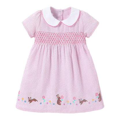 Toddler girl's pink summer dress with adorable white rabbit print, made from a comfy cotton blend.
