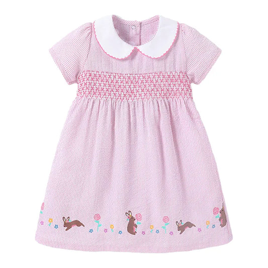 Toddler girl's pink summer dress with adorable white rabbit print, made from a comfy cotton blend.
