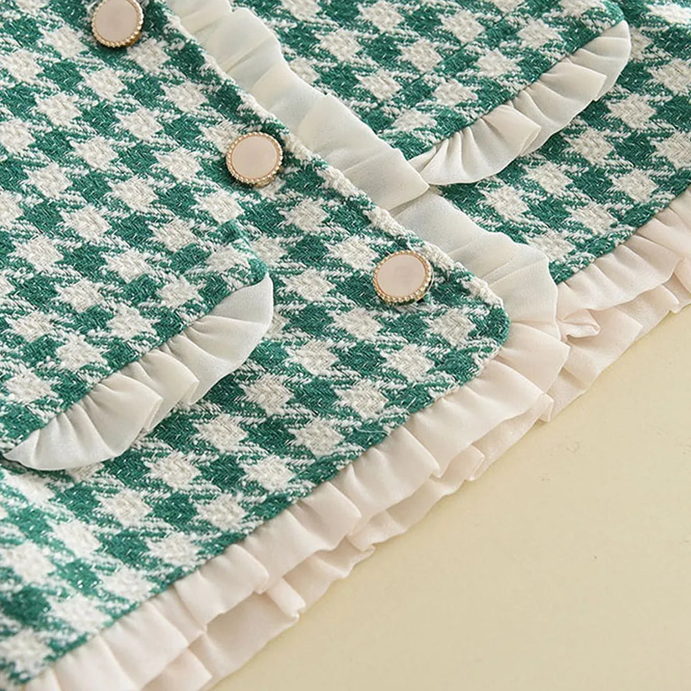 Girls' fashion checkered two-piece set, side view, showing flow and fit for active toddlers