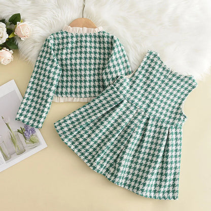 Girls' fashion two-piece set: checkered long-sleeve top and matching pants, ideal toddler clothing