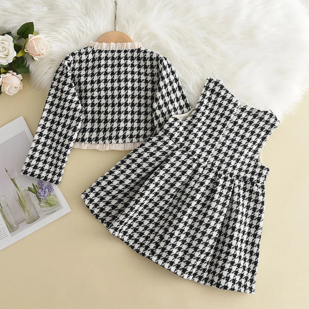 Back view of a girls' pink & white checkered two-piece outfit, showcasing soft acrylic fabric