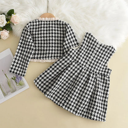 Back view of a girls' pink & white checkered two-piece outfit, showcasing soft acrylic fabric