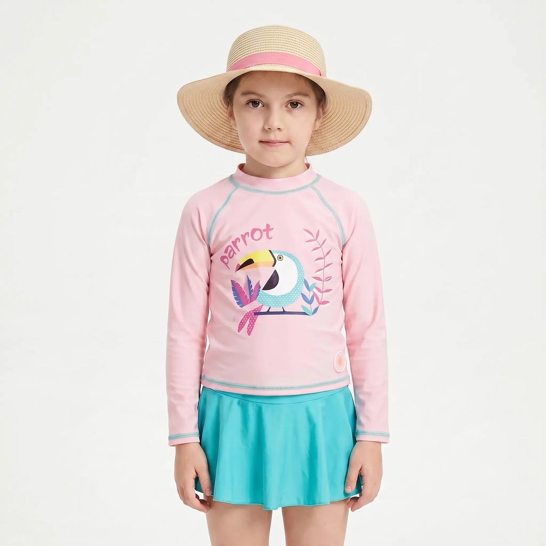 Cute girls' pink & yellow beachwear set: sun-safe rash guard, bottoms, and hat for summer fun.