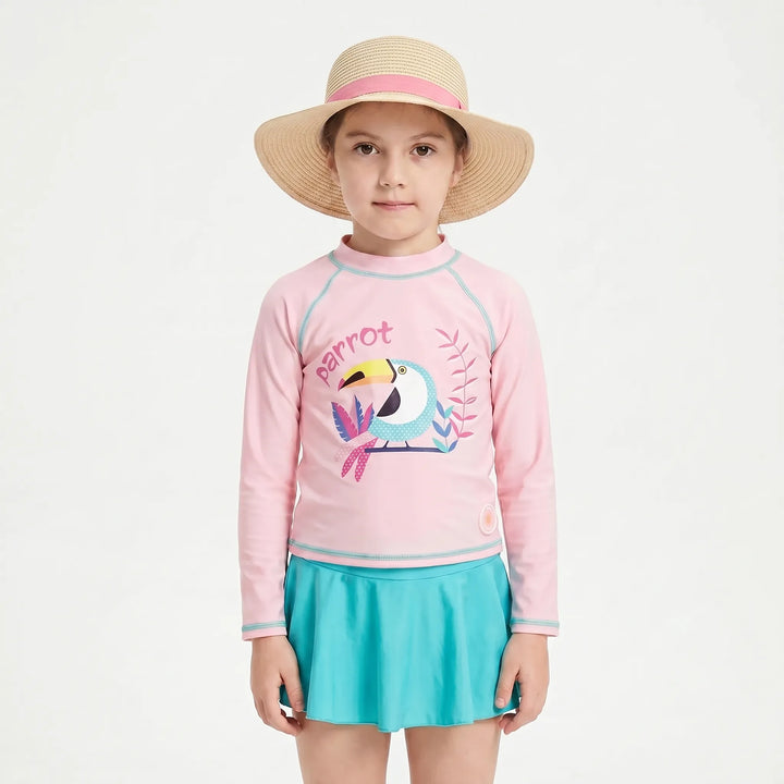 Cute girls' pink & yellow beachwear set: sun-safe rash guard, bottoms, and hat for summer fun.