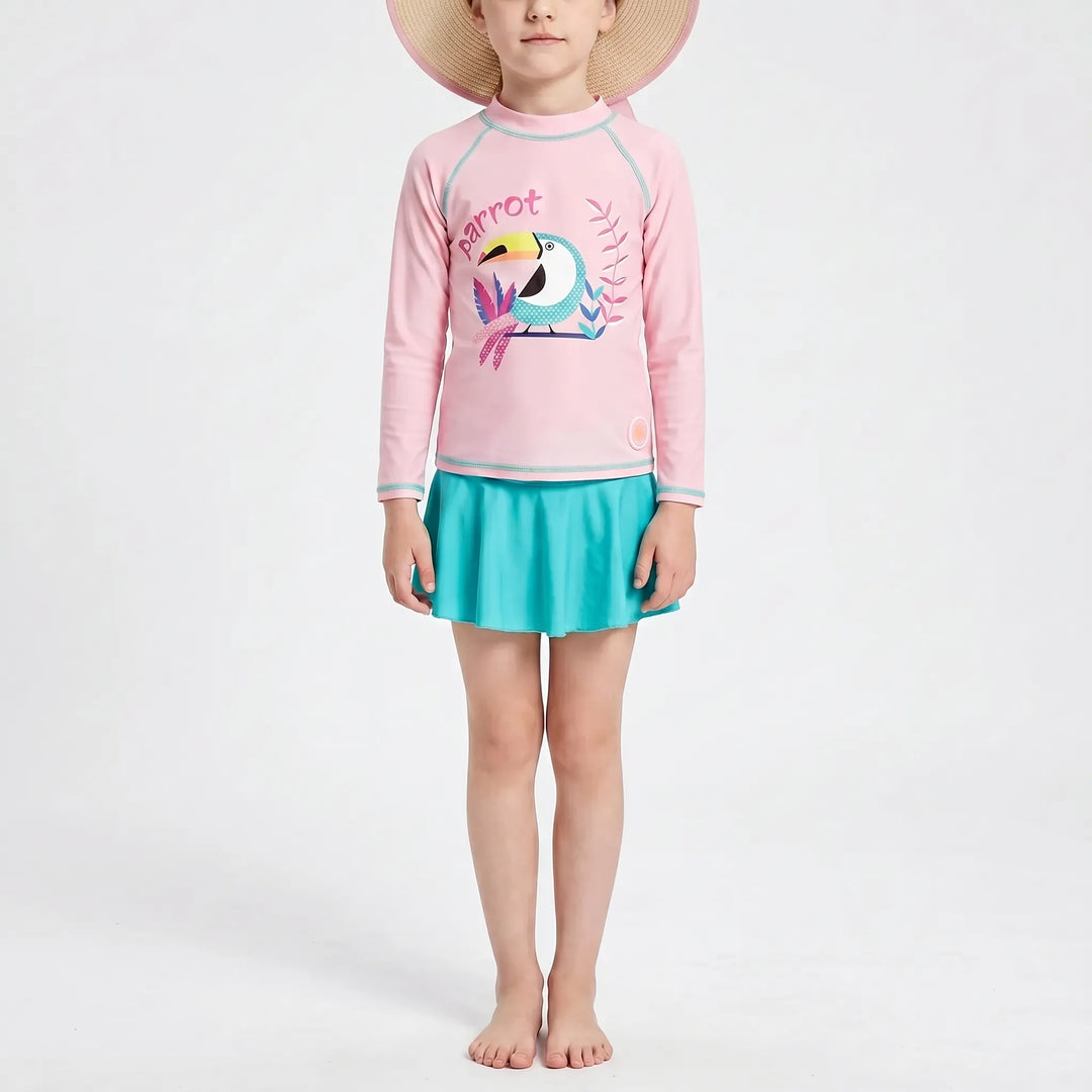 Three-piece sun protection swimsuit for girls. Pink & yellow rash guard, bottoms & hat for toddlers.