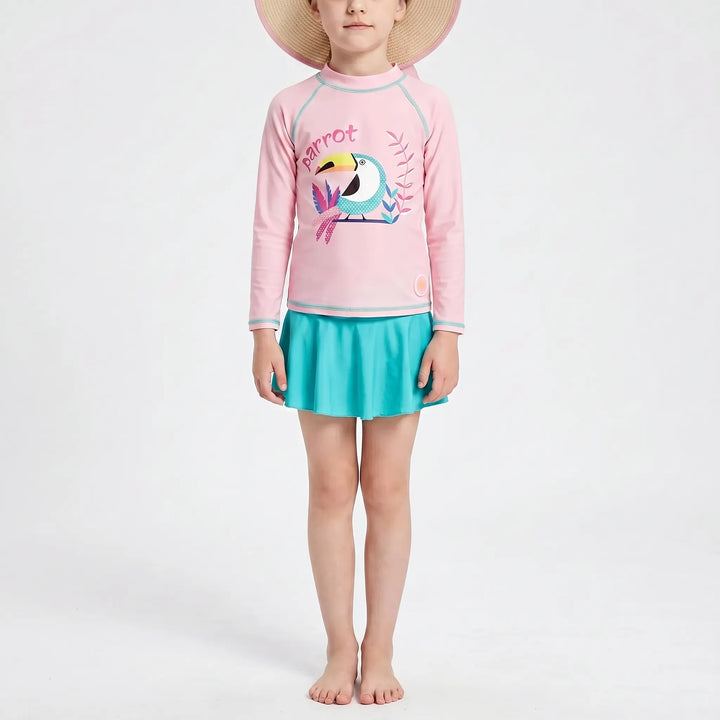 Three-piece sun protection swimsuit for girls. Pink & yellow rash guard, bottoms & hat for toddlers.