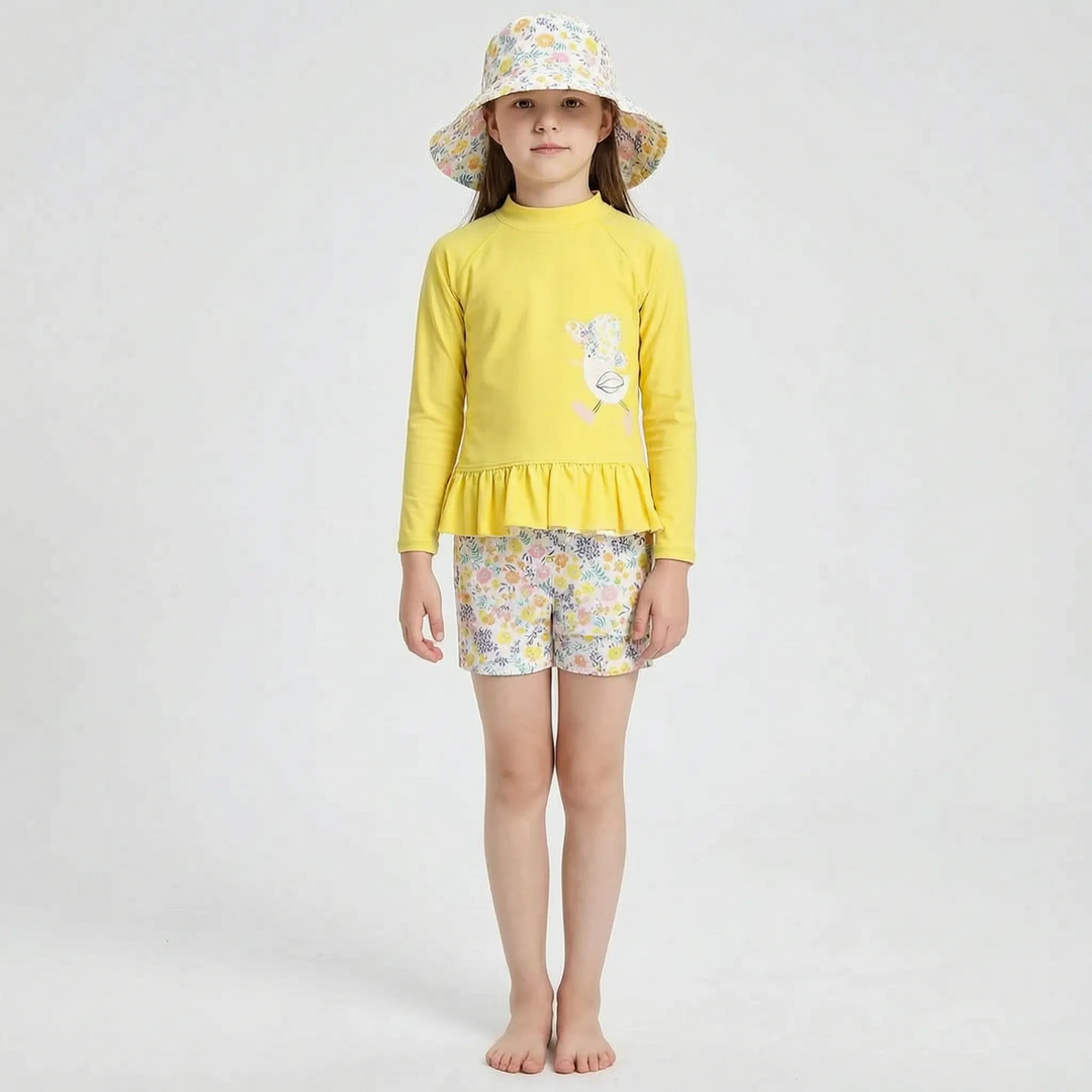 Girls' pink & yellow sun-safe three-piece swimwear: rash guard, bottom, and matching hat for outdoor fun.