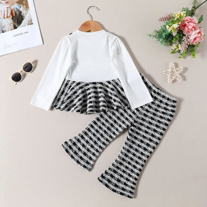 Cute girls' 2-piece set: long sleeve plaid top and flared cotton blend pants for toddlers