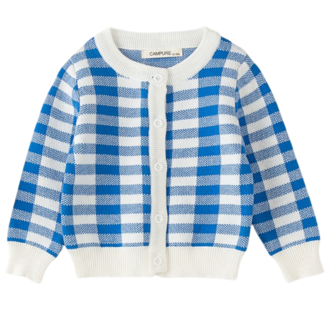 Toddler girl's plaid knitted cardigan sweater with buttons, cozy fall winter outerwear