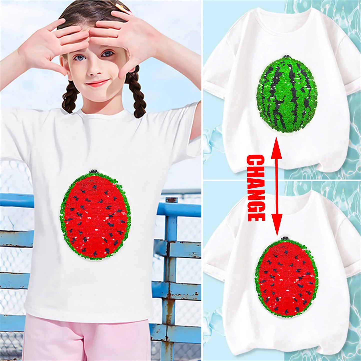 Toddler girl's reversible sequin watermelon t-shirt, pink & green, cotton blend summer wear