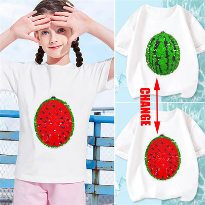 Toddler girl's reversible sequin watermelon t-shirt, pink & green, cotton blend summer wear