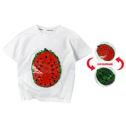 Kids' short sleeve watermelon design sequin top for girls, colorful toddler fashion