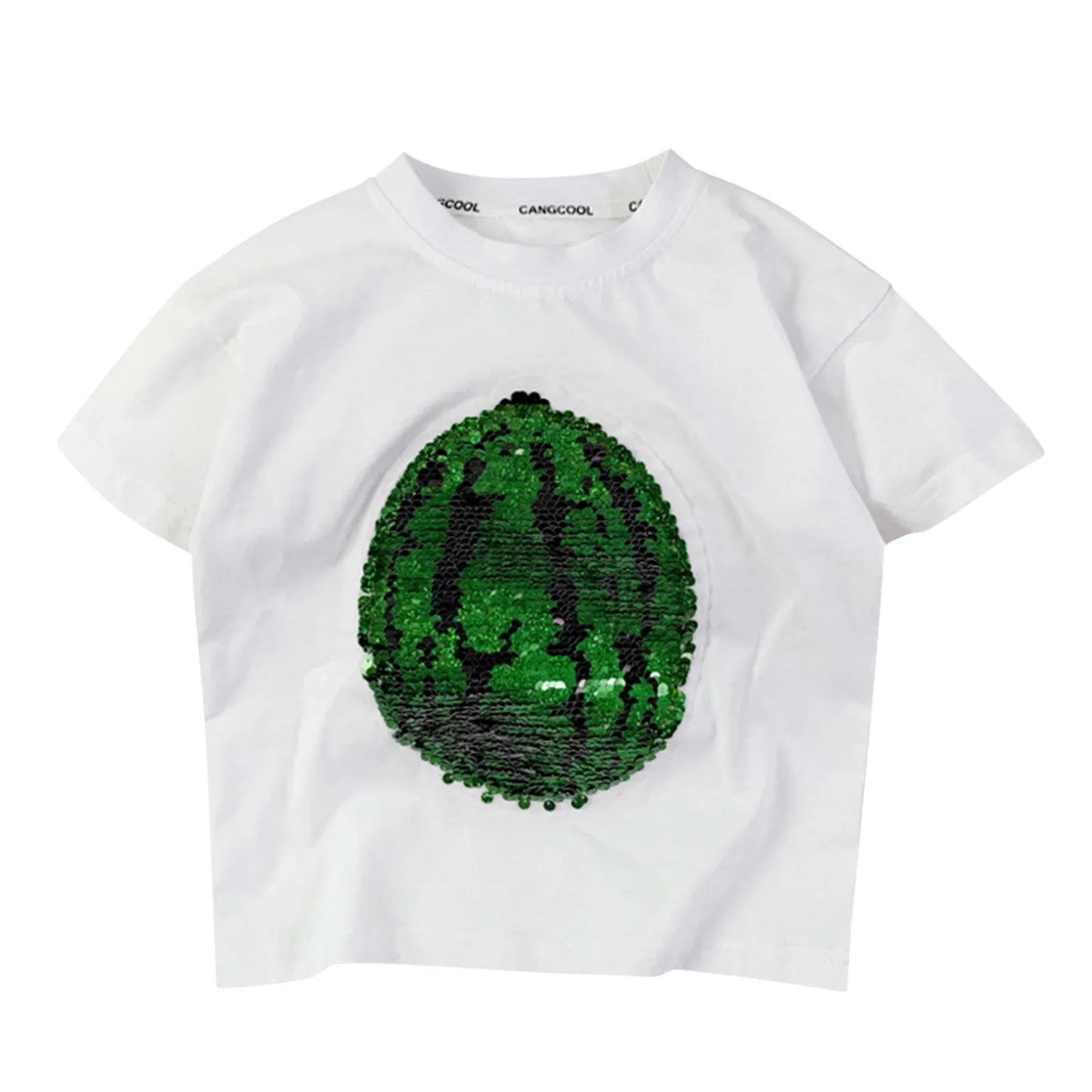 Close-up of reversible sequin watermelon on a pink kids' t-shirt, summer clothing