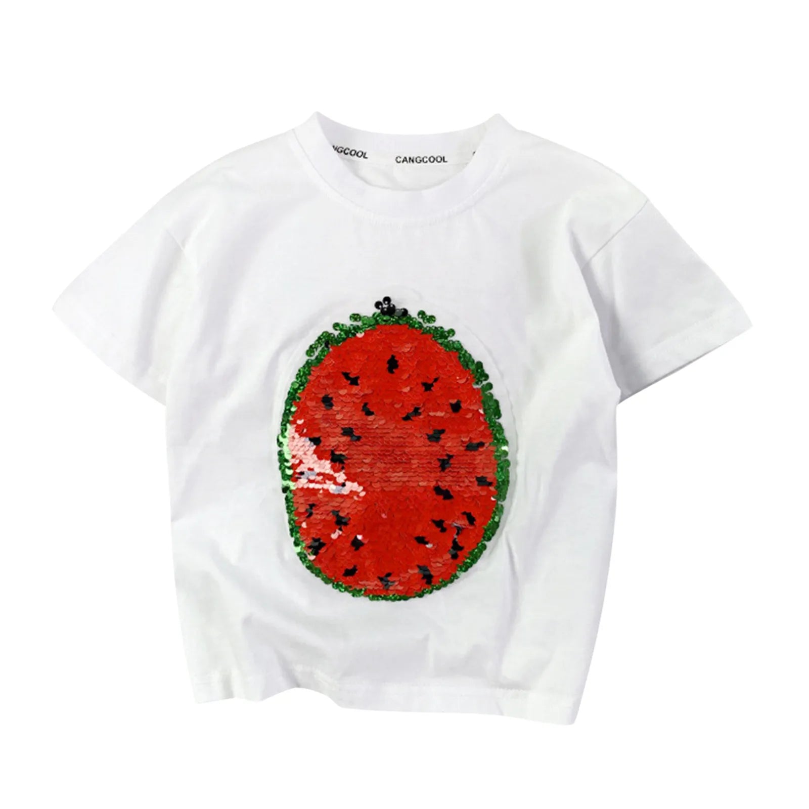 Girls' cotton blend t-shirt with sparkly reversible watermelon sequins, ideal toddler gift