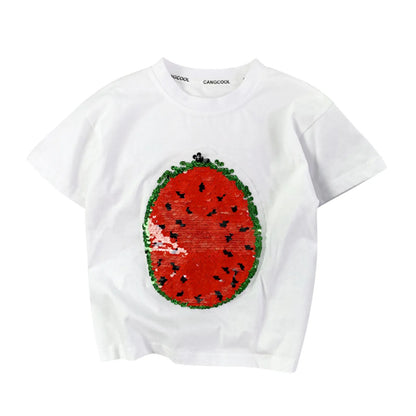 Girls' cotton blend t-shirt with sparkly reversible watermelon sequins, ideal toddler gift