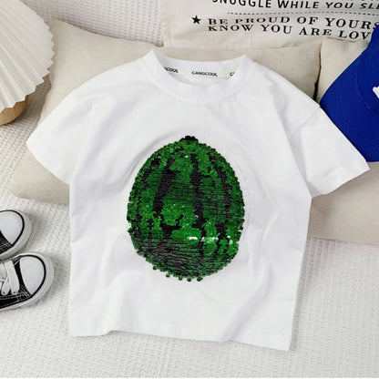 Vibrant pink kids' sequin watermelon t-shirt, perfect and fun summer wear for toddlers