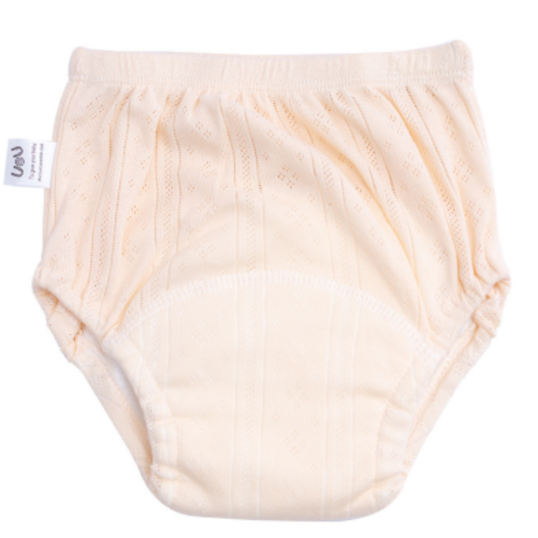 Potty training pants in white and grey stripes, made from soft washable cotton for girls or boys.