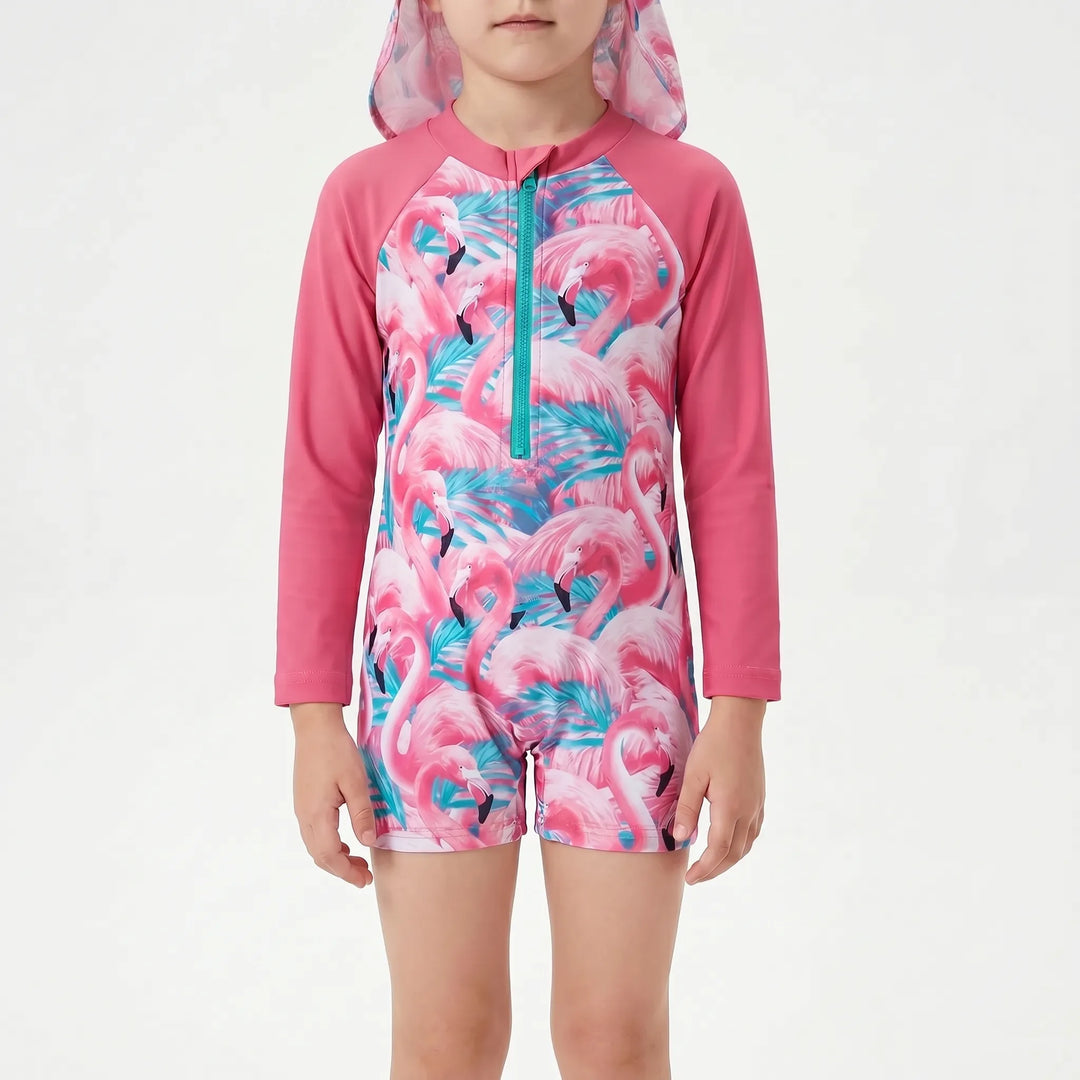 Sun protection toddler girl's floral rash guard swimsuit set, long sleeve for beach & pool play. Kids' fashion.