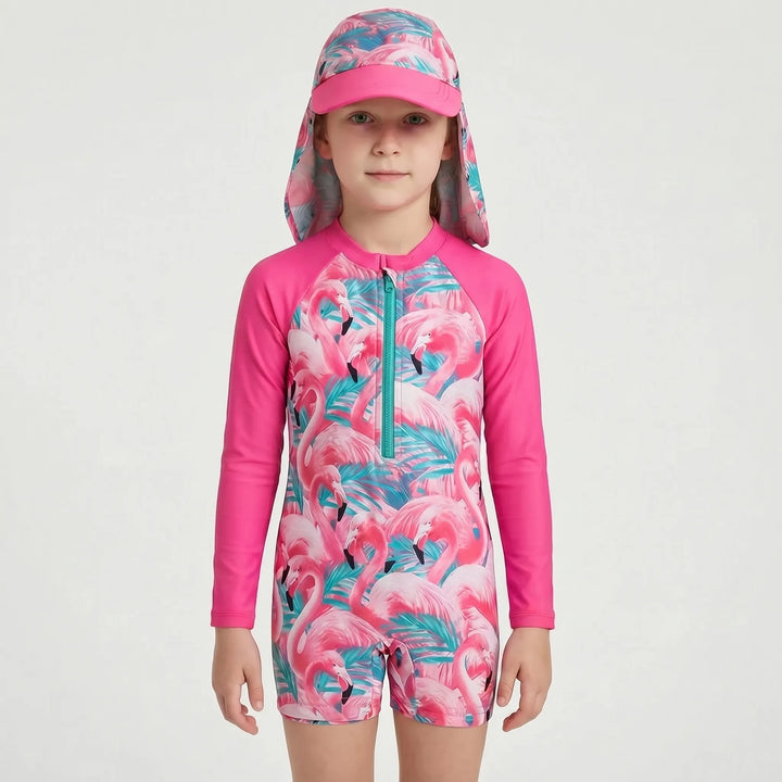 Comfortable toddler girls' long-sleeve floral rash guard swimsuit set, offering UPF sun protection for play.