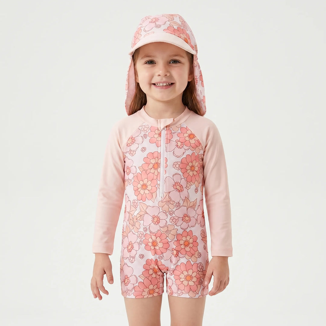 Toddler girls' 2-piece floral rash guard and swim bottom set for easy wear swimwear. Sun protection included.