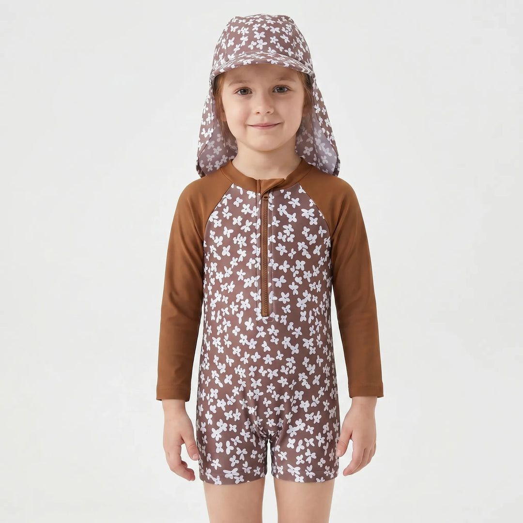 Girls' long-sleeve floral rash guard swimsuit set, ideal for toddlers' sun protection at the beach & pool.