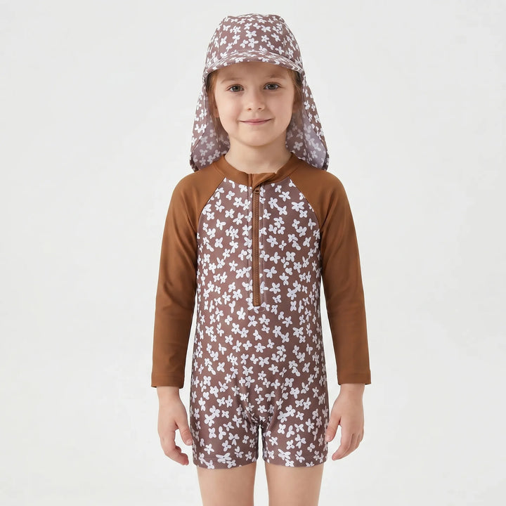 Girls' long-sleeve floral rash guard swimsuit set, ideal for toddlers' sun protection at the beach & pool.