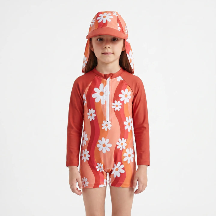 Active toddler girl in floral sun protection long-sleeve rash guard set, perfect for swimming & water play.