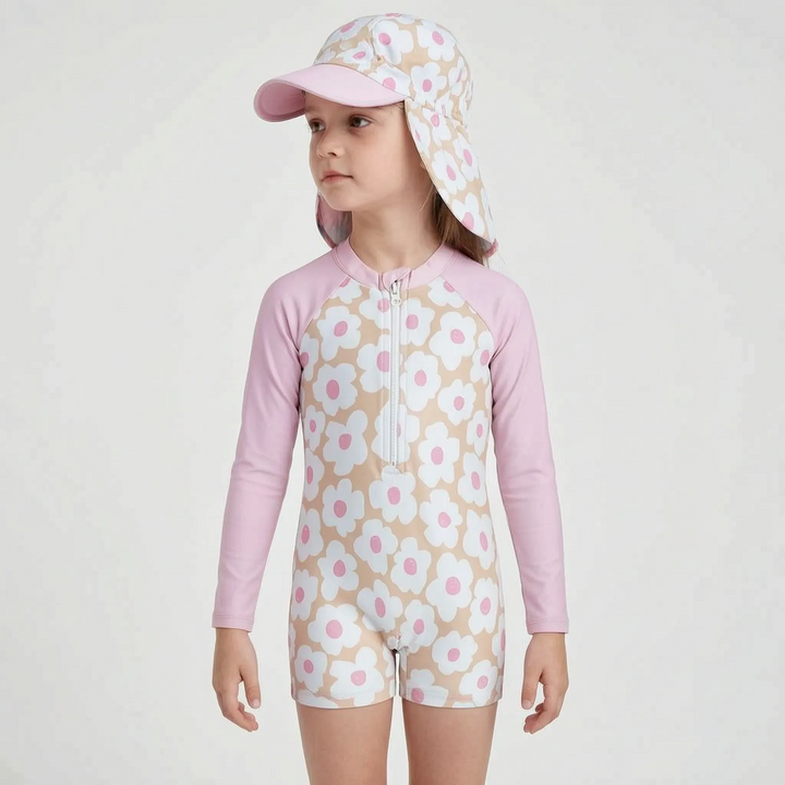 Stylish toddler girl's floral print long-sleeve rash guard swimwear set with excellent UPF sun protection.