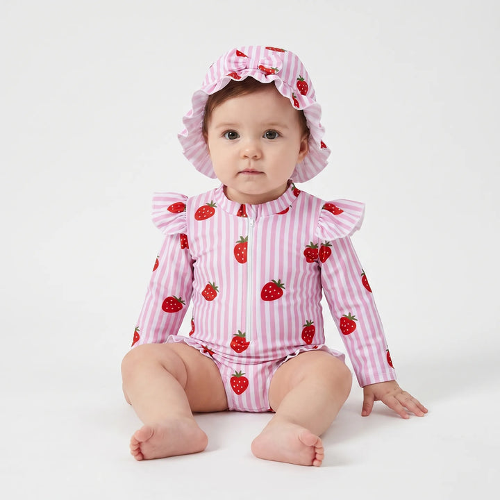 Striped & ruffled toddler girls' long-sleeve rashguard swimsuit with sun hat. Cute summer beachwear for kids.