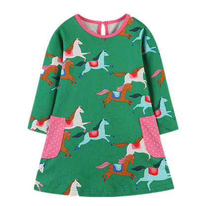 Toddler girls' racing horse print long sleeve dress. Soft cotton, perfect for play and casual wear.