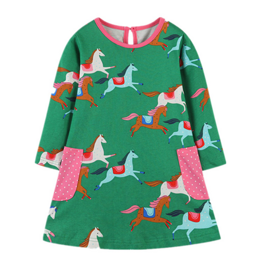 Toddler girls' racing horse print long sleeve dress. Soft cotton, perfect for play and casual wear.