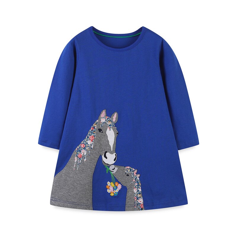 Full product view: Toddler girls' casual long sleeve racing horse print dress. Comfortable.