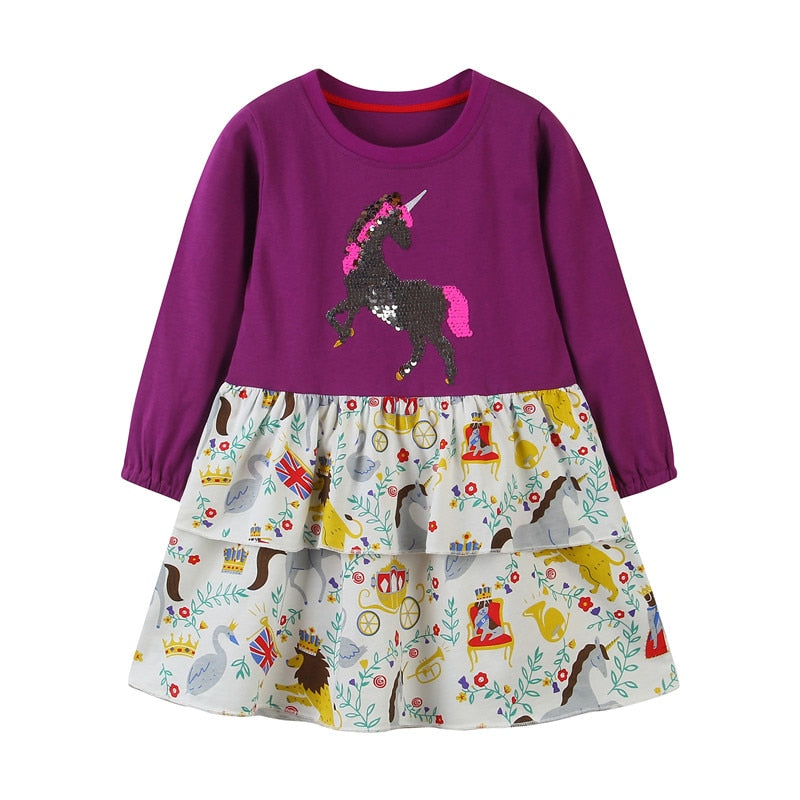 Fun racing horse print long sleeve dress for toddler girls. Made from soft, breathable cotton.
