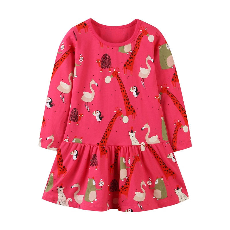 Stylish long sleeve dress for toddler girls, featuring a unique racing horse pattern. Kids' wear.