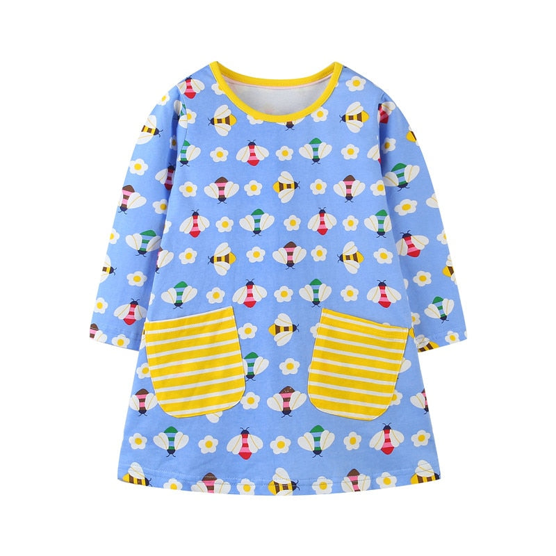 Toddler girls' long sleeve racing horse dress. Soft cotton, knee-length, comfortable for play.