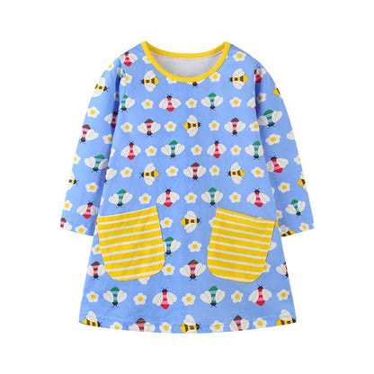 Toddler girls' long sleeve racing horse dress. Soft cotton, knee-length, comfortable for play.
