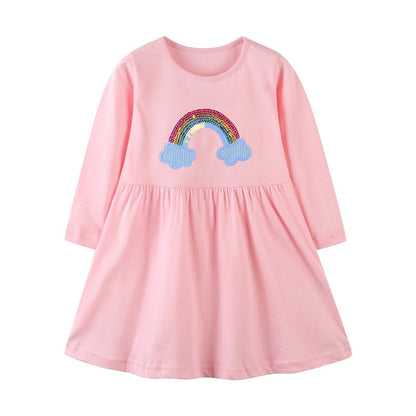 Kids' fashion long sleeve racing horse print dress for toddler girls. Soft, casual cotton wear.