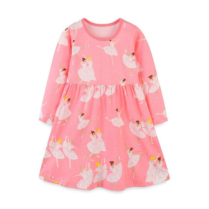Comfortable cotton long sleeve dress for toddler girls, featuring a fun racing horse print.