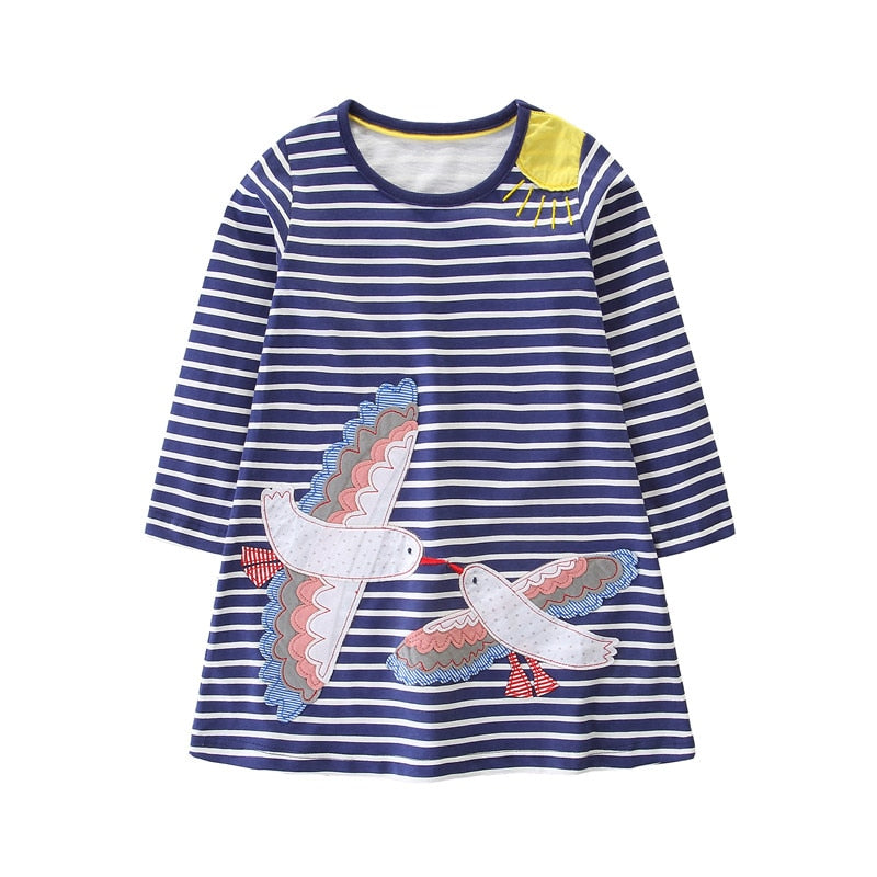 Active toddler girls' long sleeve cotton dress featuring a playful racing horse print design.