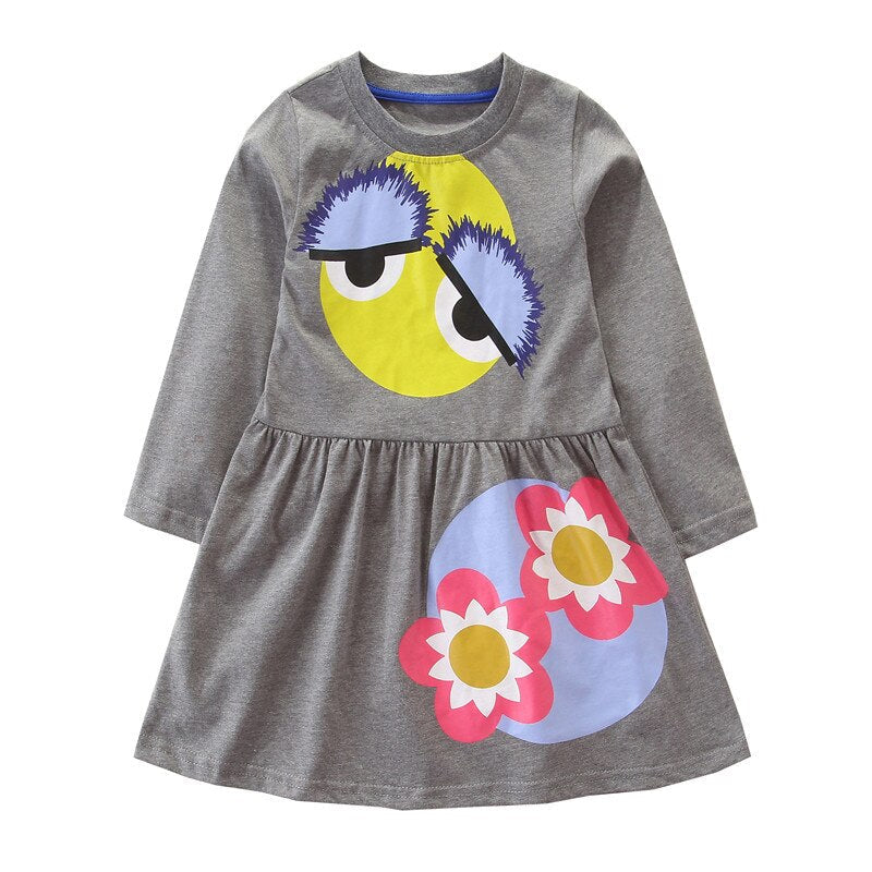 Seasonal long sleeve racing horse print dress, perfect for toddler girls in spring or fall.
