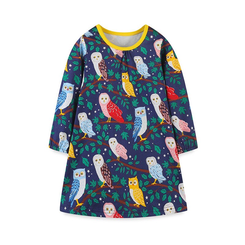 Detailed view of the lively racing horse print on this toddler girls' long sleeve cotton dress.