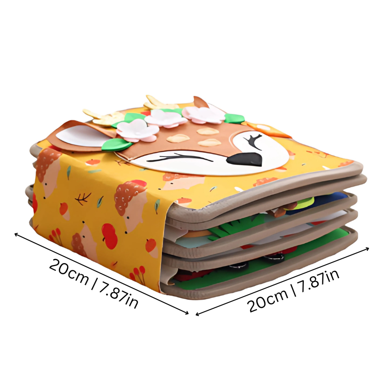 Close-up of a vibrant felt Montessori activity book for kids, showcasing fine motor skill development through snaps, buckles, and fabric textures