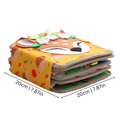Close-up of a vibrant felt Montessori activity book for kids, showcasing fine motor skill development through snaps, buckles, and fabric textures