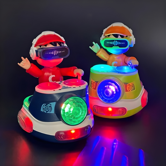 Toddler happily playing with interactive disco DJ toy, featuring colorful lights and music for active play.