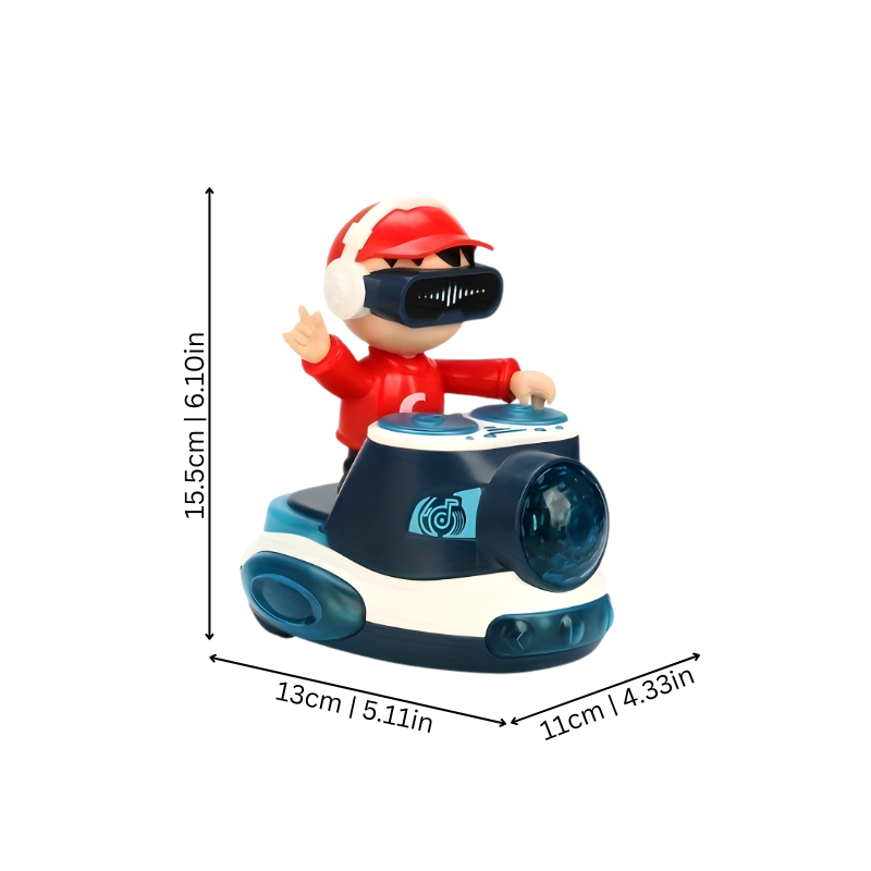 Kids' electronic DJ toy with spinning disco ball, flashing lights, and music, encouraging dance and fun.